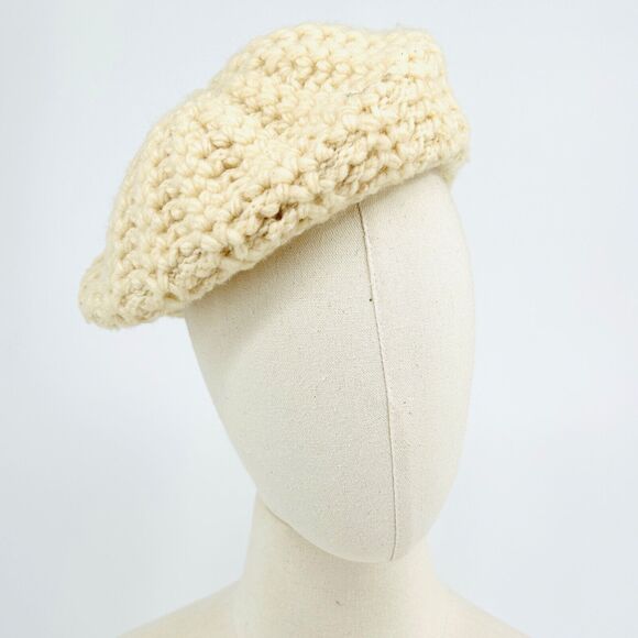 70s Chunky Knit Cream Beret Tam 100% PURE WOOL Hat - Picture 1 of 7